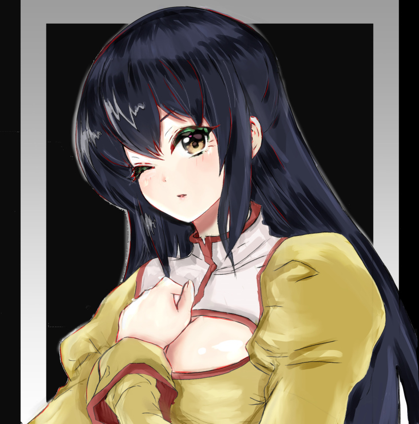 1girl agent_aika aika_(series) bangs blue_hair breasts brown_eyes cleavage cleavage_cutout delmogeny_uniform dress golden_delmo hand_on_own_chest highres jmdyer000 juliet_sleeves long_hair long_sleeves looking_at_viewer medium_breasts one_eye_closed parted_lips petoriyacowa_rie puffy_sleeves simple_background solo upper_body yellow_dress