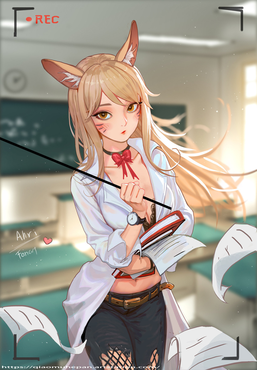 ahri alternate_costume alternate_hair_color artist_request belt blonde_hair blush book bow bowtie breasts chalkboard choker classroom cleavage collarbone highres indoors labcoat league_of_legends leaning_forward lipstick long_hair long_sleeves looking_at_viewer makeup medium_breasts midriff navel paper recording red_lipstick red_neckwear shirt tied_shirt torn_clothes torn_legwear watch whisker_markings yellow_eyes