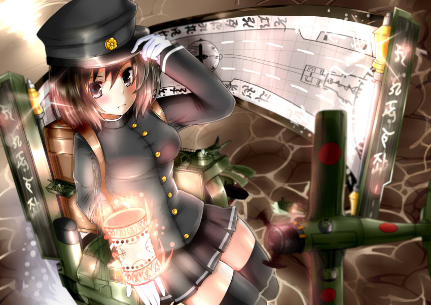 1girl aircraft airplane akitsu_maru_(kantai_collection) backpack bag black_eyes black_hair black_hat blush breasts closed_mouth fire_maxs gloves hat highres kantai_collection lamp lantern large_breasts looking_at_viewer machinery military military_hat military_uniform pale_skin peaked_cap pleated_skirt randoseru remodel_(kantai_collection) short_hair skirt solo thigh-highs turret uniform weapon white_gloves