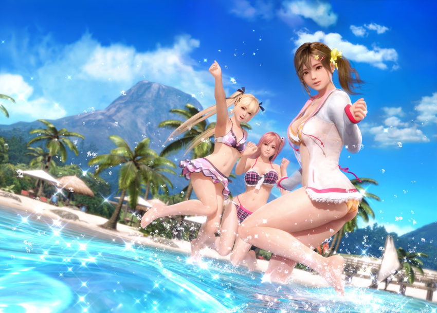 3d 3girls arm_up ass bangs barefoot beach bikini bikini_skirt blonde_hair blue_sky breasts brown_eyes clouds cloudy_sky dead_or_alive dead_or_alive_xtreme hair_ornament hand_holding highres honoka_(doa) interlocked_fingers jacket jewelry jumping large_breasts lips long_hair long_sleeves looking_at_viewer marie_rose medium_breasts misaki_(doa) multiple_girls navel necklace official_art open_clothes open_jacket open_mouth palm_tree parted_lips pink_hair red_eyes see-through shiny side_ponytail sky small_breasts smile swimsuit thighs tree twintails water water_drop