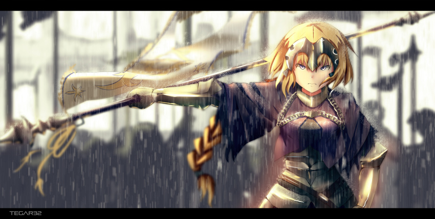 1girl absurdres artist_name blonde_hair braid cowboy_shot fate/apocrypha fate/grand_order fate_(series) frown hair_between_eyes headphones highres jeanne_d'arc_(fate) jeanne_d'arc_(fate)_(all) letterboxed long_braid polearm rain short_hair single_braid standard_bearer tegar32 violet_eyes weapon