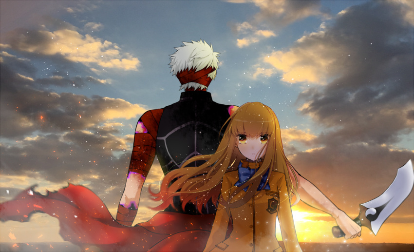 1boy 1girl archer back-to-back bangs blue_bow blue_sky bow bowtie brown_eyes brown_hair brown_jacket clouds fate/extra fate_(series) floating_hair holding holding_sword holding_weapon jacket kishinami_hakuno_(female) kokemomomi long_hair outdoors silver_hair sky standing sword upper_body weapon