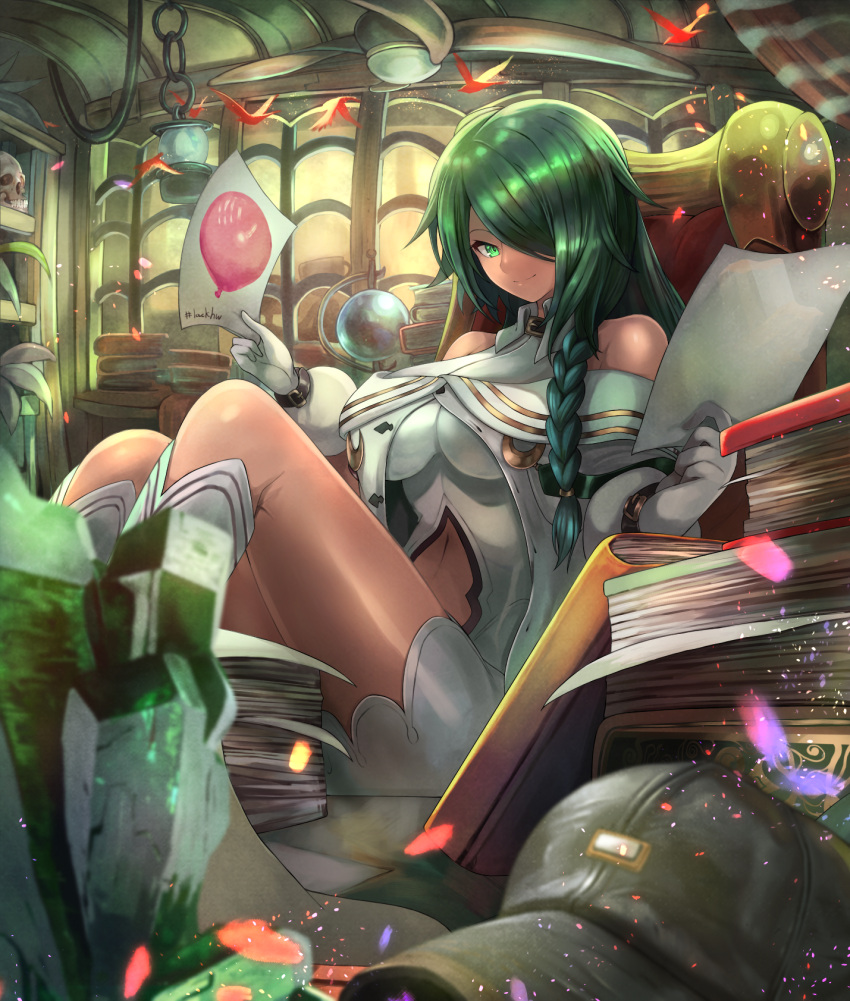 1girl bangs bird blush book braid chair curtains desk dress emerald fantasy gloves green_hair hair_over_one_eye highres holding holding_paper indoors jacket light_particles long_hair navel navel_cutout off_shoulder ohako_(ohako1818) open_clothes open_jacket paper shelf side_braid sidelocks sitting skull window