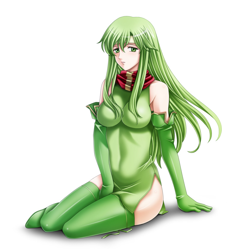 1girl arm_support between_legs boots dress elbow_gloves fire_emblem fire_emblem:_mystery_of_the_emblem floating_hair gloves green_eyes green_footwear green_gloves green_hair hair_between_eyes hand_between_legs highres long_hair looking_at_viewer nintendo paola parted_lips shiny shiny_hair short_dress side_slit simple_background sitting sleeveless sleeveless_dress solo tamamon thigh-highs thigh_boots very_long_hair white_background