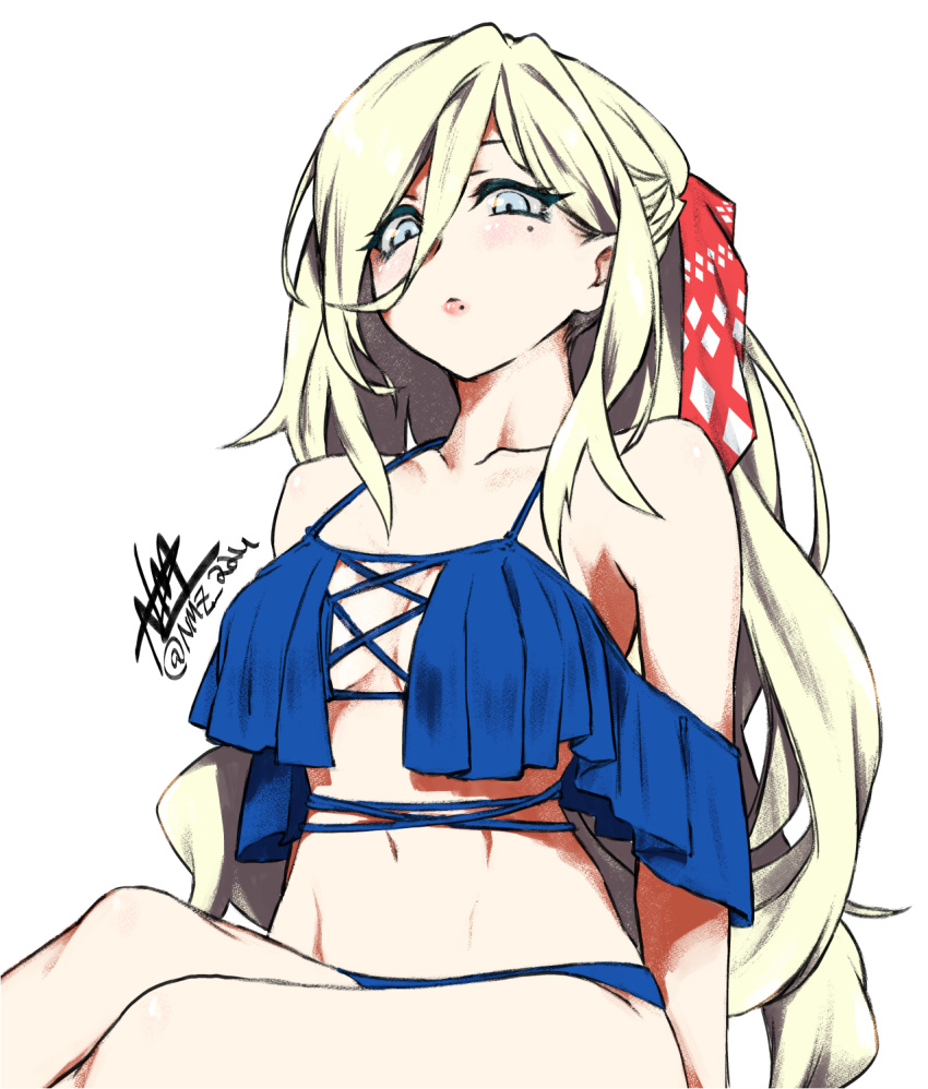 1girl artist_name bikini blonde_hair blue_bikini blue_eyes breasts collarbone commentary_request cowboy_shot hair_between_eyes highres kantai_collection large_breasts long_hair mole mole_under_eye mole_under_mouth nmz_(namazu) richelieu_(kantai_collection) simple_background sitting solo swimsuit twitter_username white_background