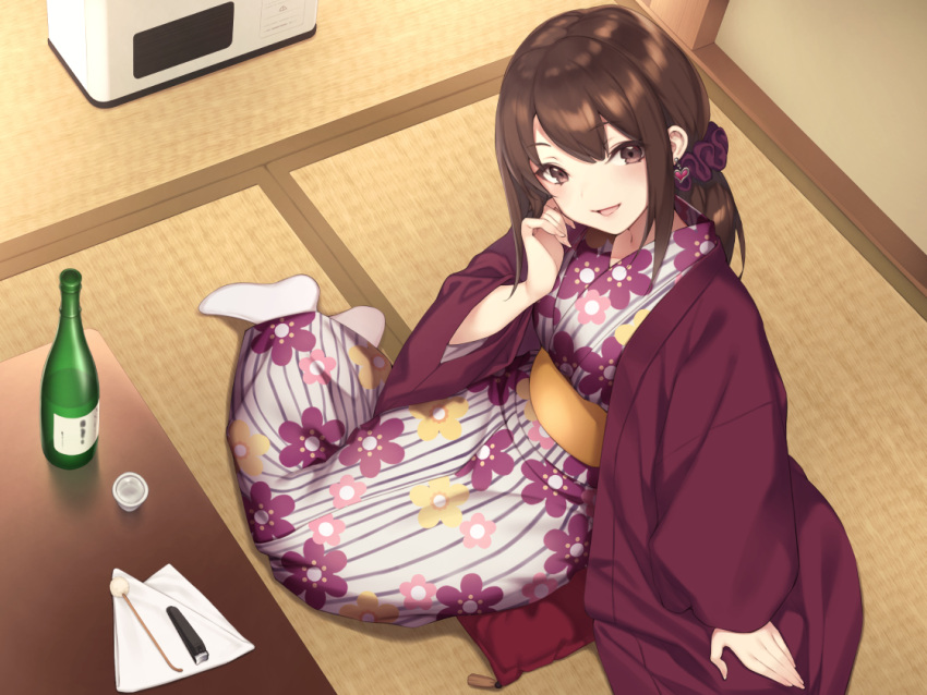 1girl alcohol bangs blush bottle brown_eyes brown_hair earrings eyebrows_visible_through_hair floral_print hair_between_eyes hair_ornament hair_scrunchie heart heart_earrings japanese_clothes jewelry kimono long_hair long_sleeves looking_at_viewer mimikaki nail_clippers obi open_clothes open_mouth open_shirt original pillow pokachu purple_scrunchie sake sake_bottle sash scrunchie sitting smile solo striped tabi table tatami vertical-striped_kimono vertical_stripes white_legwear yukata