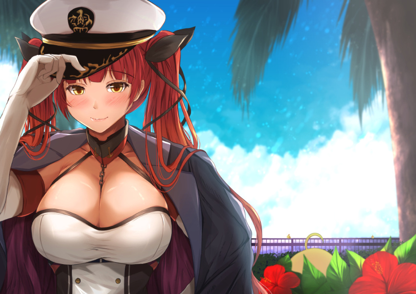1girl adjusting_headwear azur_lane bangs black_ribbon blue_sky blush breasts chair choker cleavage closed_mouth clouds collarbone day double-breasted dress elbow_gloves eyebrows_visible_through_hair gloves hair_ribbon hand_on_headwear hat honolulu_(azur_lane) jacket_on_shoulders kanzaki_kureha large_breasts long_hair looking_at_viewer outdoors peaked_cap red_eyes redhead ribbon sidelocks sky sleeveless sleeveless_dress smile solo taut_clothes taut_dress twintails underbust upper_body white_gloves