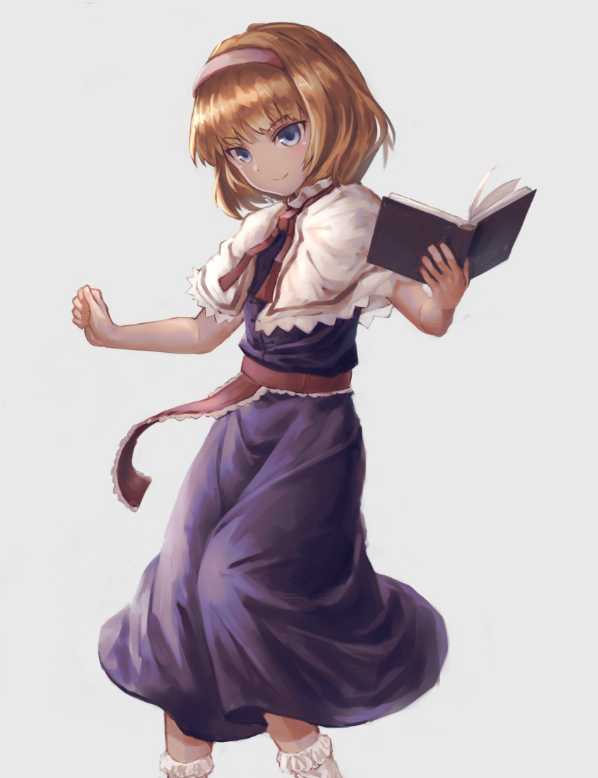 1girl absurdres alice_margatroid bangs blonde_hair blue_eyes book capelet closed_mouth dress eyebrows_visible_through_hair hairband highres holding holding_book nob1109 open_book pink_hairband purple_dress short_hair smile solo touhou white_capelet