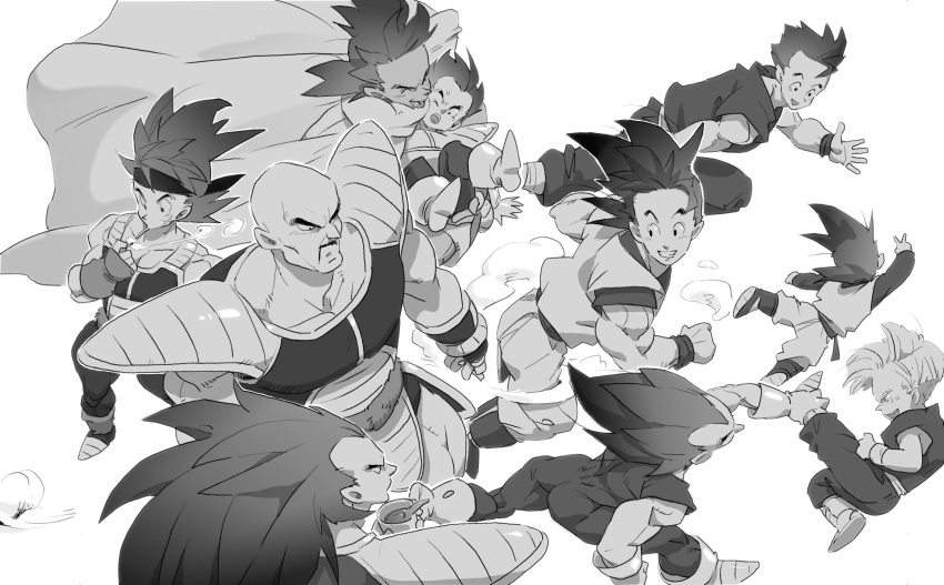 6+boys :&gt; :p ^_^ absurdres armor bald bardock black_eyes black_hair boots cape carrying closed_eyes closed_eyes dragon_ball dragonball_z facing_away floating_hair flying frown full_body greyscale grin happy highres long_hair male_focus monochrome multiple_boys nappa open_mouth profile raditz running short_hair simple_background smile smoke smoking son_gohan son_gokuu son_goten spiky_hair supobi tarble teeth tongue tongue_out trunks_(dragon_ball) tullece v vegeta very_long_hair white_background wristband