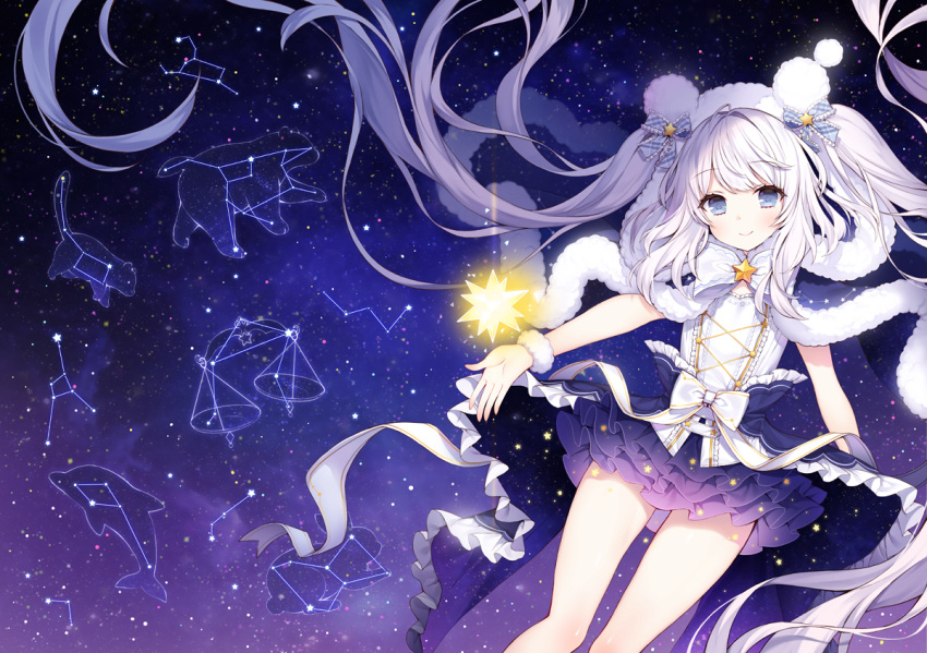 1girl animal_hood bangs bare_arms bear blue_bow blue_eyes blush bow bowtie byulzzimon cloak closed_mouth commentary_request constellation dolphin eyebrows_visible_through_hair flat_chest frills fur_trim hair_bow hood hooded_cloak layered_skirt libra long_hair looking_at_viewer miniskirt night night_sky original plaid plaid_bow purple_skirt rabbit scrunchie shirt sidelocks skirt sky smile solo star star_(sky) starry_sky starry_sky_print thighs twintails very_long_hair waist_cape white_hair white_shirt wrist_scrunchie zodiac