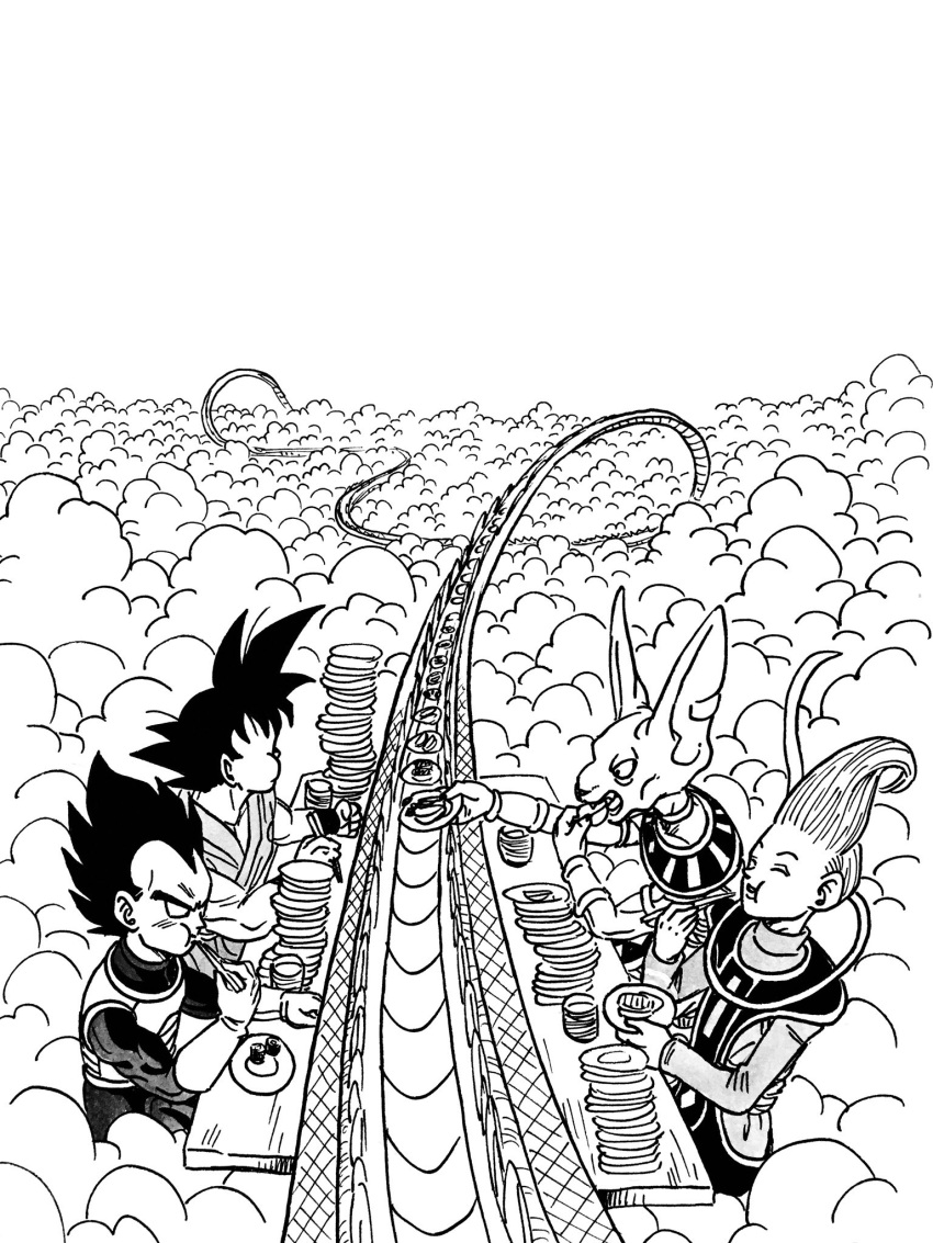 4boys ^_^ armor beerus black_hair chopsticks closed_eyes closed_eyes clouds cloudy_sky commentary_request d: dougi dragon_ball dragon_ball_super dragonball_z eating egyptian_clothes facing_away from_above gloves highres lee_(dragon_garou) male_focus monochrome multiple_boys open_mouth outdoors outstretched_arm plate profile short_hair sitting sky snake_way son_gokuu spiky_hair table vegeta whis