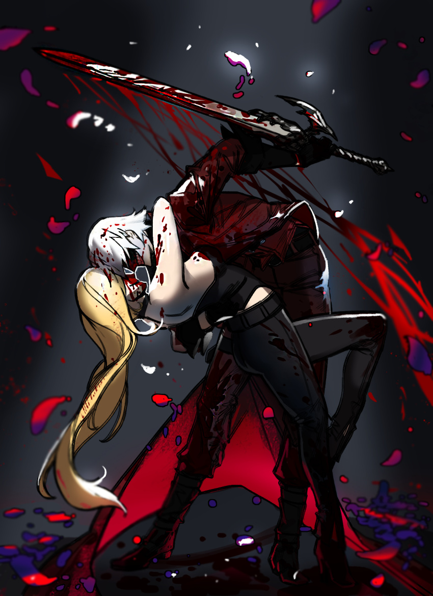 1boy 1girl belt blonde_hair blood blood_on_face bloody_clothes bloody_hair bloody_weapon dante_(devil_may_cry) devil_may_cry gloves hallot highres holding holding_sword holding_weapon long_hair medium_hair petals shaded_face smile sword teeth trish_(devil_may_cry) weapon