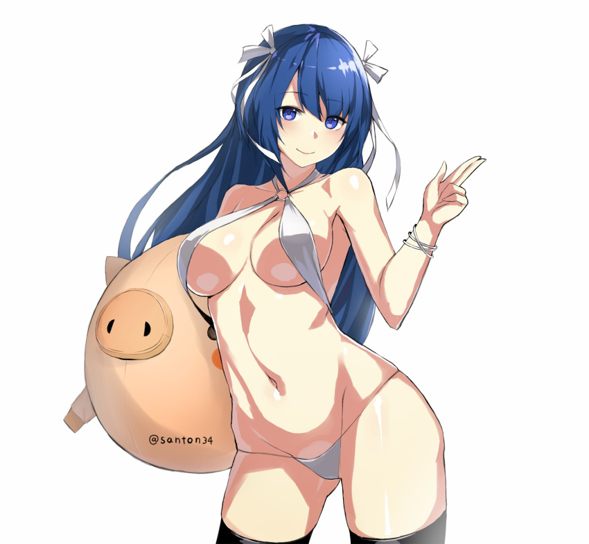 1girl bare_arms bare_shoulders bikini black_legwear blue_eyes blue_hair blush bracelet breasts character_request cleavage closed_mouth contrapposto cowboy_shot criss-cross_halter eyebrows_visible_through_hair female gluteal_fold hair_ribbon halterneck hand_up highres jewelry large_breasts long_hair looking_at_viewer nakamura_nagare navel o-ring o-ring_bikini o-ring_swimsuit o-ring_top phantasy_star phantasy_star_online_2 pig ribbon shiny shiny_skin simple_background smile solo string_bikini swimsuit thigh-highs twitter_username under_boob white_background white_bikini white_ribbon white_swimsuit