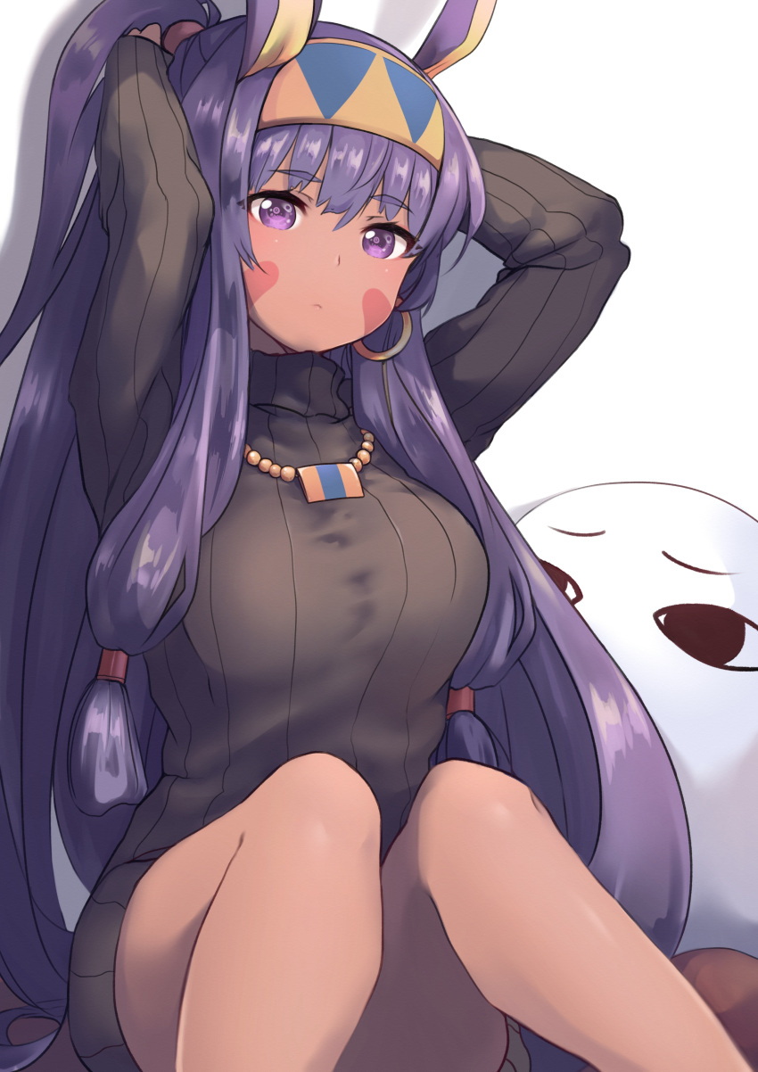 &lt;o&gt;_&lt;o&gt; 1girl absurdres alternate_costume animal_ears arms_up bangs black_sweater breasts closed_mouth commentary_request dark_skin dyson_(edaokunnsaikouya) earrings egyptian eyebrows_visible_through_hair facial_mark fate/grand_order fate_(series) hair_between_eyes hairband head_tilt high_ponytail highres hoop_earrings jackal_ears jewelry large_breasts long_hair long_sleeves medjed nitocris_(fate/grand_order) ponytail purple_hair ribbed_sweater shadow sidelocks sitting sweater turtleneck turtleneck_sweater tying_hair very_long_hair violet_eyes white_background