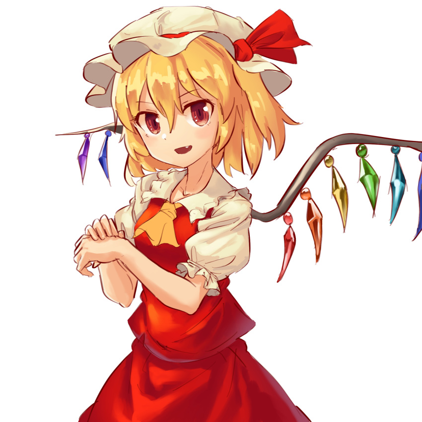 1girl :d ascot bangs blonde_hair eyebrows_visible_through_hair fang flandre_scarlet hair_between_eyes hat hat_ribbon highres looking_at_viewer mob_cap nob1109 one_side_up open_mouth puffy_short_sleeves puffy_sleeves red_eyes red_ribbon red_skirt ribbon short_hair short_sleeves skirt smile solo touhou white_hat wings yellow_neckwear