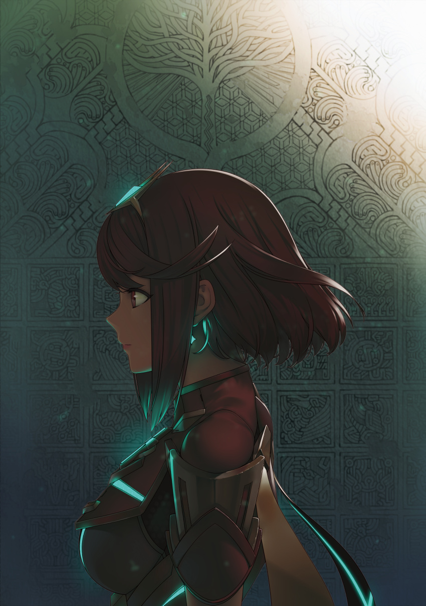1girl absurdres breasts earrings from_side glowing hair_ornament highres pyra_(xenoblade) huge_filesize jewelry large_breasts lighting lips nintendo red_eyes redhead short_hair shoulder_armor smile solo tiara turtleneck xenoblade_(series) xenoblade_2 yan_wan