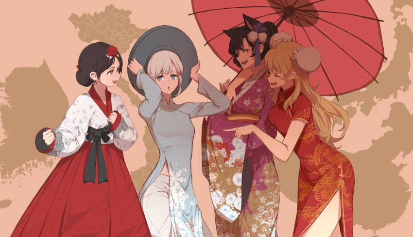 4girls ahoge animal_ears arms_up bangs black_hair blake_belladonna blonde_hair blue_eyes breasts cat_ears china_dress chinese_clothes commentary dishwasher1910 dress english_commentary floral_print flower hair_flower hair_ornament hanbok hat japanese_clothes kimono korean_clothes long_hair long_sleeves multiple_girls obi open_mouth red_dress ruby_rose rwby sash scar scar_across_eye short_hair short_sleeves side_slit silver_hair smile traditional_clothes vietnamese_dress weiss_schnee white_hair yang_xiao_long