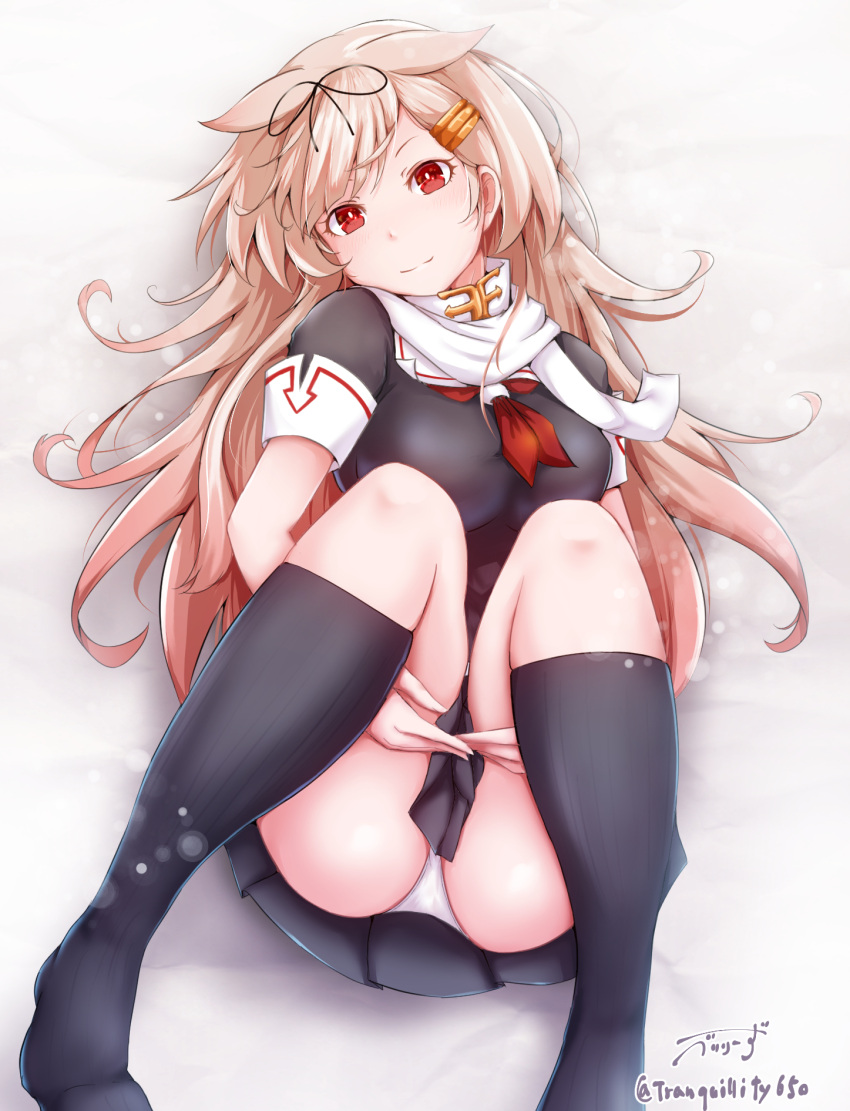 1girl baileys_(tranquillity650) bangs black_legwear blonde_hair blush breasts gloves gradient_hair hair_flaps hair_ornament hair_ribbon hairclip hands_under_legs highres kantai_collection kneehighs knees_up long_hair looking_at_viewer lying medium_breasts messy_hair multicolored_hair neckerchief no_shoes panties pleated_skirt red_eyes red_neckwear remodel_(kantai_collection) ribbon scarf school_uniform serafuku sidelocks signature skindentation skirt sleeve_cuffs smile solo twitter_username underwear white_panties yuudachi_(kantai_collection)