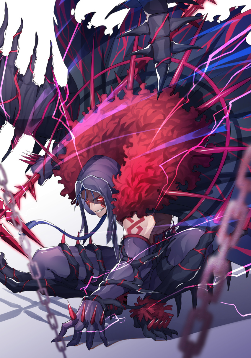 1boy absurdres black_cape black_gloves blue_hair cape chains cu_chulainn_alter_(fate/grand_order) elbow_gloves facial_mark fate/grand_order fate_(series) full_body fur_trim gae_bolg gloves glowing glowing_eyes gradient gradient_background grey_background grin highres holding holding_spear holding_weapon hood kamonegi_(meisou1998) lancer long_hair looking_at_viewer male_focus monster_boy polearm red_eyes sharp_teeth simple_background smile solo spear spikes squatting tail tattoo teeth weapon white_background