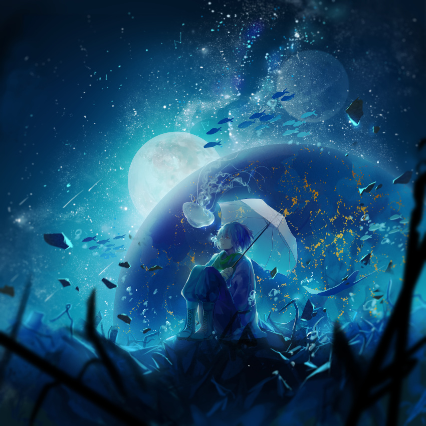 1boy absurdres air_bubble backlighting bangs blue blue_hair blurry_foreground boots bubble cross-laced_footwear cui_(jidanhaidaitang) dramatical_murder fish hair_between_eyes highres holding holding_umbrella jellyfish knees_up legs_together looking_up male_focus meteor_shower moon ocean_bottom pants planet red_eyes rock rubble scarf scenery school_of_fish seragaki_aoba shirt short_hair sitting solo surreal umbrella underwater water