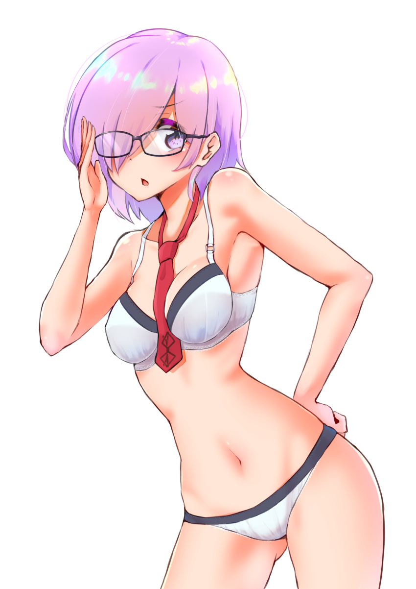 1girl adjusting_eyewear between_breasts bra breasts contrapposto cowboy_shot crotch_seam eyebrows_visible_through_hair fate/grand_order fate_(series) frown glasses gluteal_fold hair_over_one_eye hand_on_hip highres lace lace-trimmed_bra lace-trimmed_panties lavender_hair light_blush looking_at_viewer mash_kyrielight medium_breasts navel necktie open_mouth panties red_neckwear sarujie_(broken_monky) short_hair simple_background solo standing underwear underwear_only violet_eyes white_background white_bra white_panties
