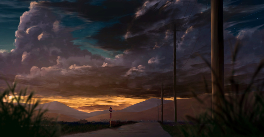 adsuger blue_sky blurry_foreground building city clouds cloudy_sky commentary_request evening gradient_sky grass highres mountain mountainous_horizon no_humans orange_sky original plant power_lines road road_sign scenery sign sky star_(sky) sunset