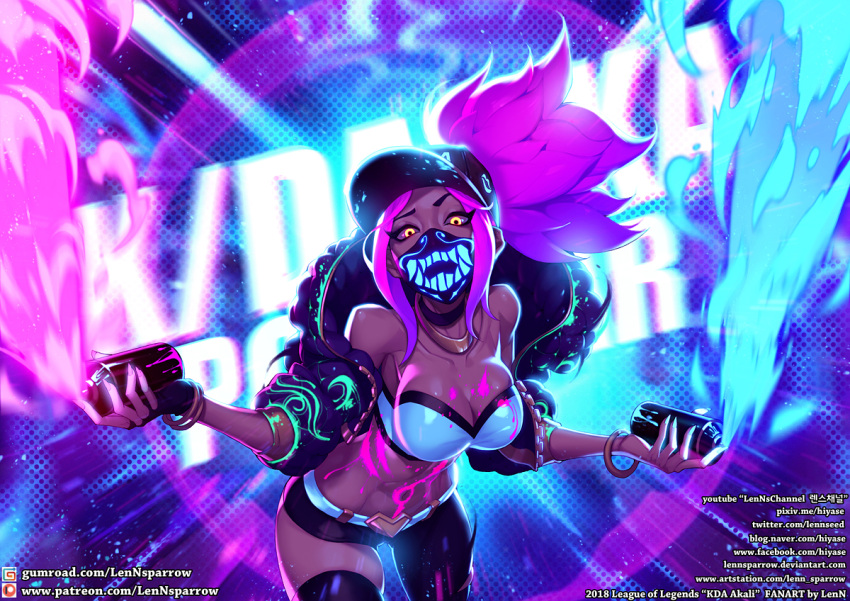 1girl akali asymmetrical_legwear bangle bare_shoulders baseball_cap belt black_legwear bodypaint bracelet breasts character_name choker cleavage colorized cowboy_shot crop_top face_mask hat jewelry k/da_(league_of_legends) k/da_akali league_of_legends leaning_forward lenn_sparrow mask midriff navel official_art pants ponytail purple_hair sketch smoke solo spray_can strapless watermark yellow_eyes