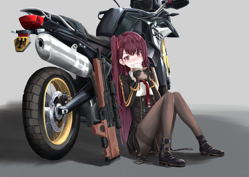 1girl bangs bipod black_footwear black_legwear black_skirt blazer blush breasts bullpup eating embarrassed eyebrows_visible_through_hair food framed_breasts girls_frontline gloves ground_vehicle gun hair_ribbon half_updo highres holding holding_food jacket large_breasts leaning_against_motorcycle long_hair looking_at_viewer motor_vehicle motorcycle necktie one_side_up pantyhose pelvic_curtain purple_hair red_eyes red_neckwear ribbon rifle shirt shoes simple_background sitting skirt sniper_rifle solo thighband_pantyhose very_long_hair wa2000_(girls_frontline) walther walther_wa_2000 weapon yahiro0211