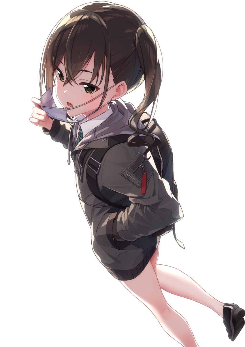 1girl :o absurdres backpack baffu bag bangs bare_legs black_footwear black_jacket brown_eyes brown_hair collared_shirt commentary_request drawstring from_above green_neckwear hair_between_eyes hand_in_pocket hand_up highres hood hood_down hooded_jacket idolmaster idolmaster_cinderella_girls jacket loafers long_hair long_sleeves looking_at_viewer mask_pull mole mole_under_eye necktie parted_lips sharp_teeth shirt shoes sidelocks simple_background sleeves_past_wrists solo striped striped_neckwear sunazuka_akira surgical_mask teeth thighs twintails wavy_hair white_background white_shirt