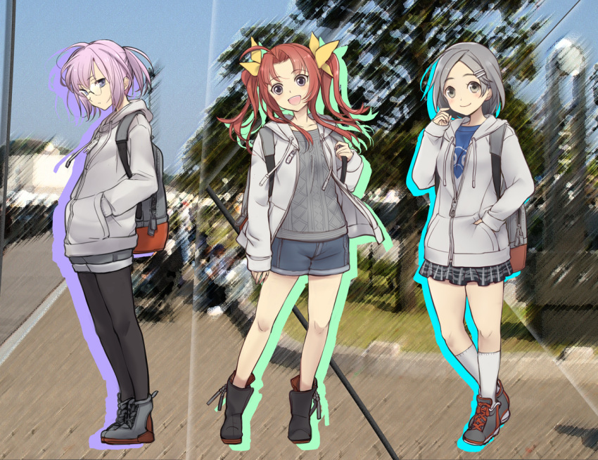 3girls ahoge alternate_costume backpack bag bespectacled black_footwear black_hair black_legwear blue_eyes blue_shirt brown_hair commentary_request full_body glasses grey_footwear grey_shorts grey_sweater hair_ornament hair_ribbon hairclip hands_in_pockets hood hooded_jacket hoodie jacket kagerou_(kantai_collection) kantai_collection kneehighs kuroshio_(kantai_collection) long_hair multiple_girls pantyhose pink_hair plaid plaid_skirt pleated_skirt ponytail primary_stage ribbon shiranui_(kantai_collection) shirt shoes short_hair short_ponytail shorts skirt sneakers standing sweater twintails violet_eyes white_legwear yellow_ribbon