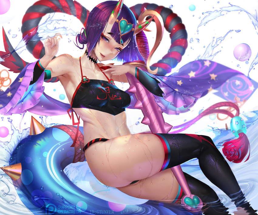1girl blush club dudou fangs fate/grand_order fate_(series) fundoshi gtunver hair_ornament highres horns innertube japanese_clothes looking_at_viewer navel oni_horns partially_submerged purple_hair shawl short_hair shuten_douji_(fate/grand_order) shuten_douji_(halloween)_(fate) smile solo spiked_club stomach thigh-highs toned tongue tongue_out water weapon wet