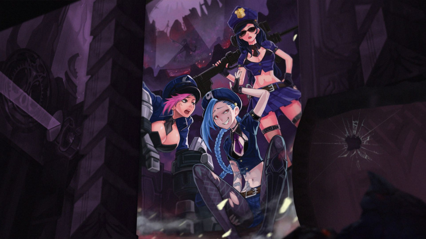 3girls anger_vein angry artist_request behind_back belt bikini black_hair blue_hair breasts buckle caitlyn_(league_of_legends) cleavage grin gun hand_on_hip highres huge_weapon jacket jinx_(league_of_legends) large_breasts league_of_legends looking_at_viewer micro_bikini midriff multiple_girls navel necktie officer_caitlyn officer_vi open_clothes open_jacket pink_hair pleated_skirt police police_uniform rifle short_sleeves sitting skirt smile sniper_rifle standing swimsuit tattoo teeth unbuttoned uniform vi_(league_of_legends) weapon