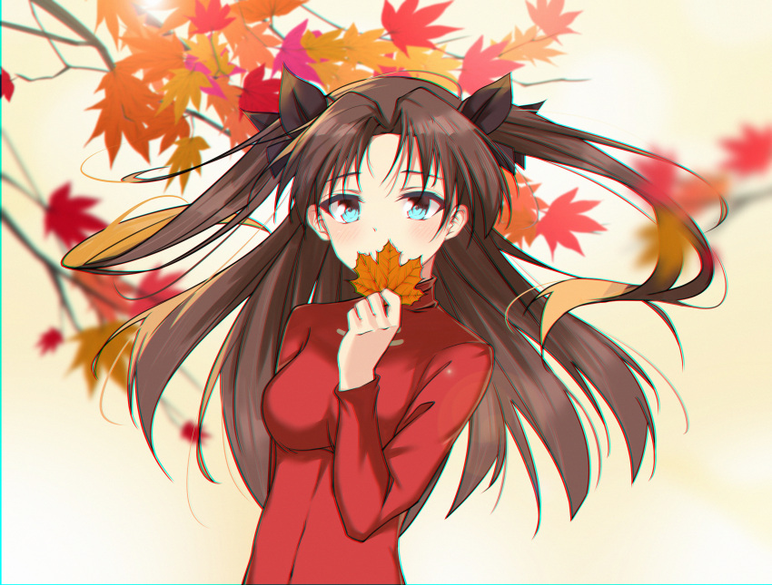 1girl absurdres aqua_eyes autumn_leaves black_bow bow breasts brown_hair fate/stay_night fate_(series) floating_hair hair_bow highres leaf long_hair long_sleeves looking_at_viewer maple_leaf medium_breasts qingchen_(694757286) red_shirt shirt solo tohsaka_rin twintails upper_body very_long_hair white_background