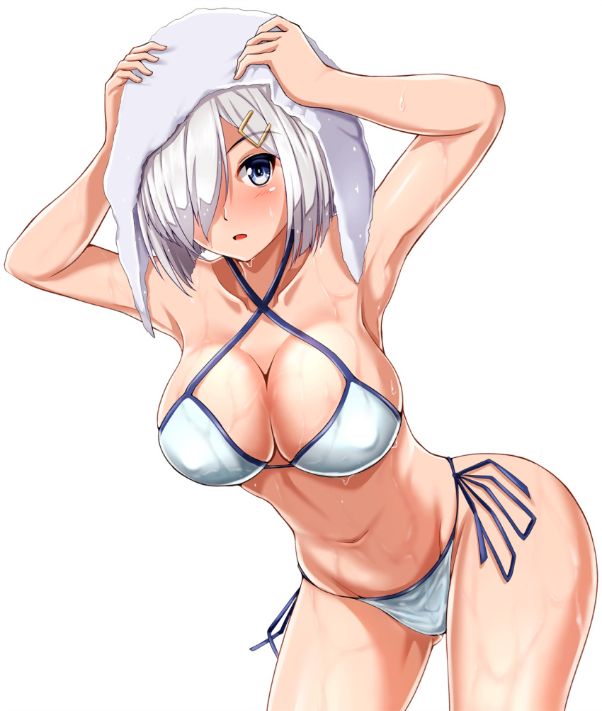 1girl bikini blue_eyes breasts cleavage collarbone criss-cross_halter drying drying_hair hair_ornament hair_over_one_eye hairclip halterneck hamakaze_(kantai_collection) highres kantai_collection large_breasts leaning_forward looking_at_viewer short_hair side-tie_bottom silver_hair simple_background skindentation solo swimsuit upper_body wet white_background white_bikini zanntetu
