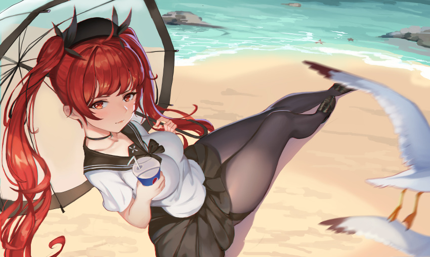 1girl absurdres alternate_costume azur_lane bangs beach bird black_footwear black_legwear black_skirt blush breasts chromatic_aberration closed_mouth collarbone cup drink drinking_straw full_body god_hunter hat highres holding holding_cup honolulu_(azur_lane) legs_together loafers long_hair looking_at_viewer medium_breasts miniskirt motion_blur ocean pantyhose pleated_skirt red_eyes redhead rock sailor_collar sand seagull shirt shoes short_sleeves sidelocks sitting skirt solo starfish translucent twintails umbrella white_shirt