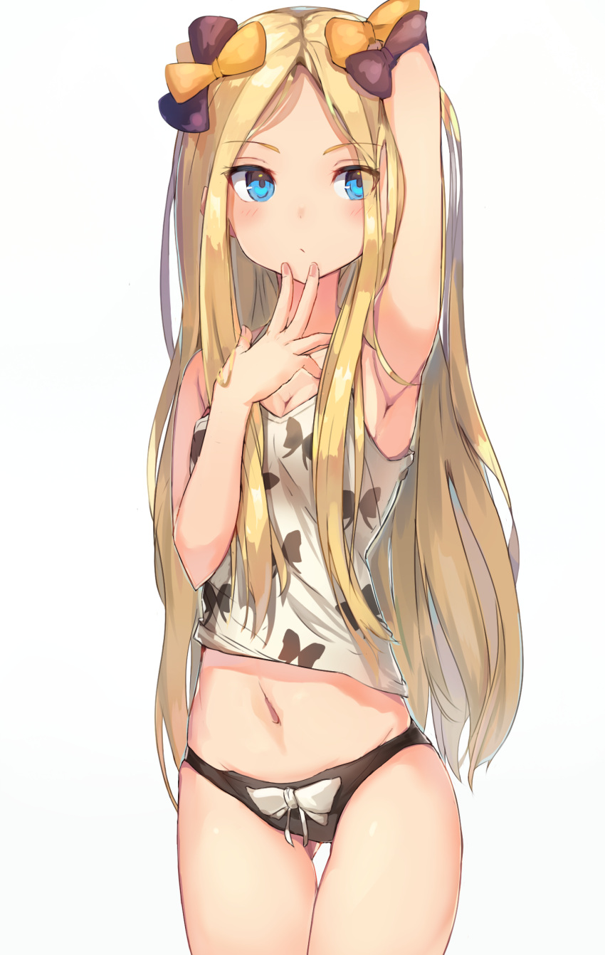 1girl abigail_williams_(fate/grand_order) animal_print arm_up armpits bangs black_bow black_panties blonde_hair blue_eyes blush bow bow_panties breasts butterfly_print cleavage fate/grand_order fate_(series) gluteal_fold hair_bow highres long_hair navel orange_bow panties parted_bangs polka_dot simple_background sketch small_breasts solo standing tank_top tota_(sizukurubiks) underwear very_long_hair white_background