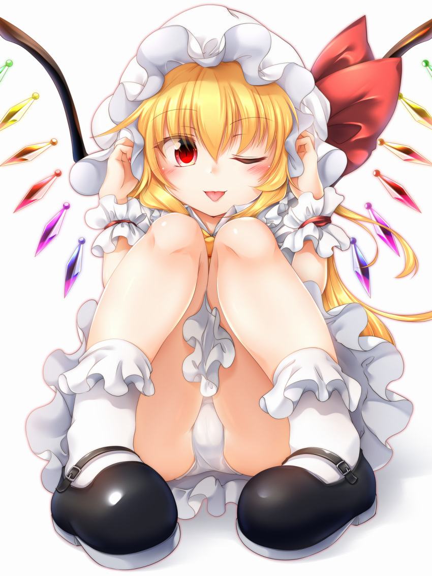 1girl ;p ass bangs bare_legs black_footwear blonde_hair blush bobby_socks bow crystal eyebrows_visible_through_hair fingernails flandre_scarlet frills full_body hair_between_eyes hands_up hat hat_bow highres knees_up looking_at_viewer m9kndi mary_janes mob_cap nail_polish one_eye_closed panties pantyshot pantyshot_(sitting) pigeon-toed red_bow red_eyes shoes simple_background sitting smile socks solo tongue tongue_out touhou underwear white_background white_hat white_legwear white_panties wings wrist_cuffs
