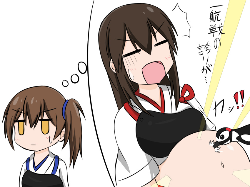 akagi_(kantai_collection) artist_request belly bird brown_hair highres japanese_clothes kaga_(kantai_collection) kantai_collection long_hair multiple_girls muneate penguin side_ponytail simple_background stomach straight_hair translation_request white_background