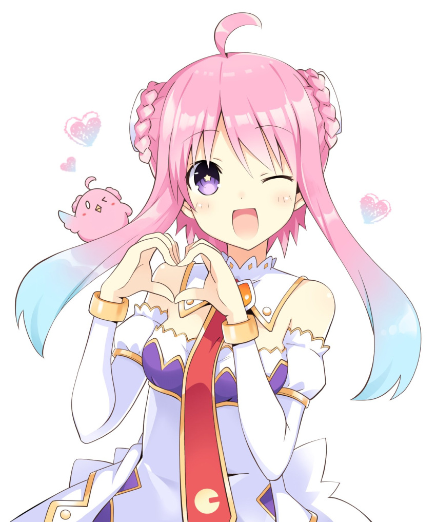 1girl ahoge blue_hair blush breasts detached_sleeves eyebrows_visible_through_hair heart heart_hands highres looking_at_viewer multicolored_hair one_eye_closed open_mouth original pink_hair small_breasts smile solo star star-shaped_pupils symbol-shaped_pupils twintails two-tone_hair violet_eyes virtual_youtuber white_background zero_(ray_0805)