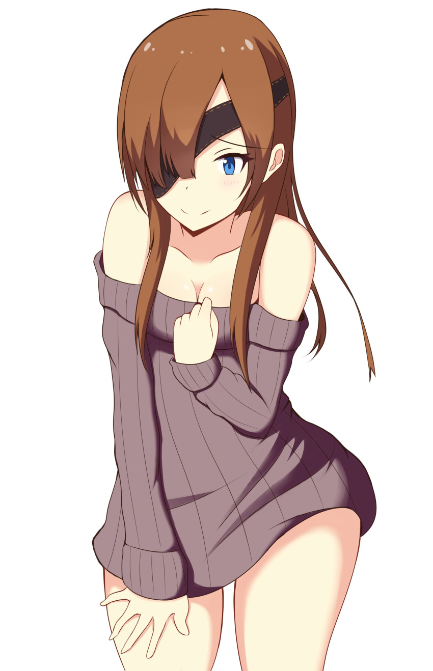 1girl absurdres bangs blue_eyes blush breasts brown_hair brown_sweater cleavage closed_mouth collarbone commentary_request contrapposto cowboy_shot eyebrows_visible_through_hair eyepatch fate/grand_order fate_(series) hair_over_one_eye highres long_hair long_sleeves looking_at_viewer mitchi off-shoulder_sweater ophelia_phamrsolone ribbed_sweater simple_background sleeves_past_wrists small_breasts smile solo standing sweater white_background