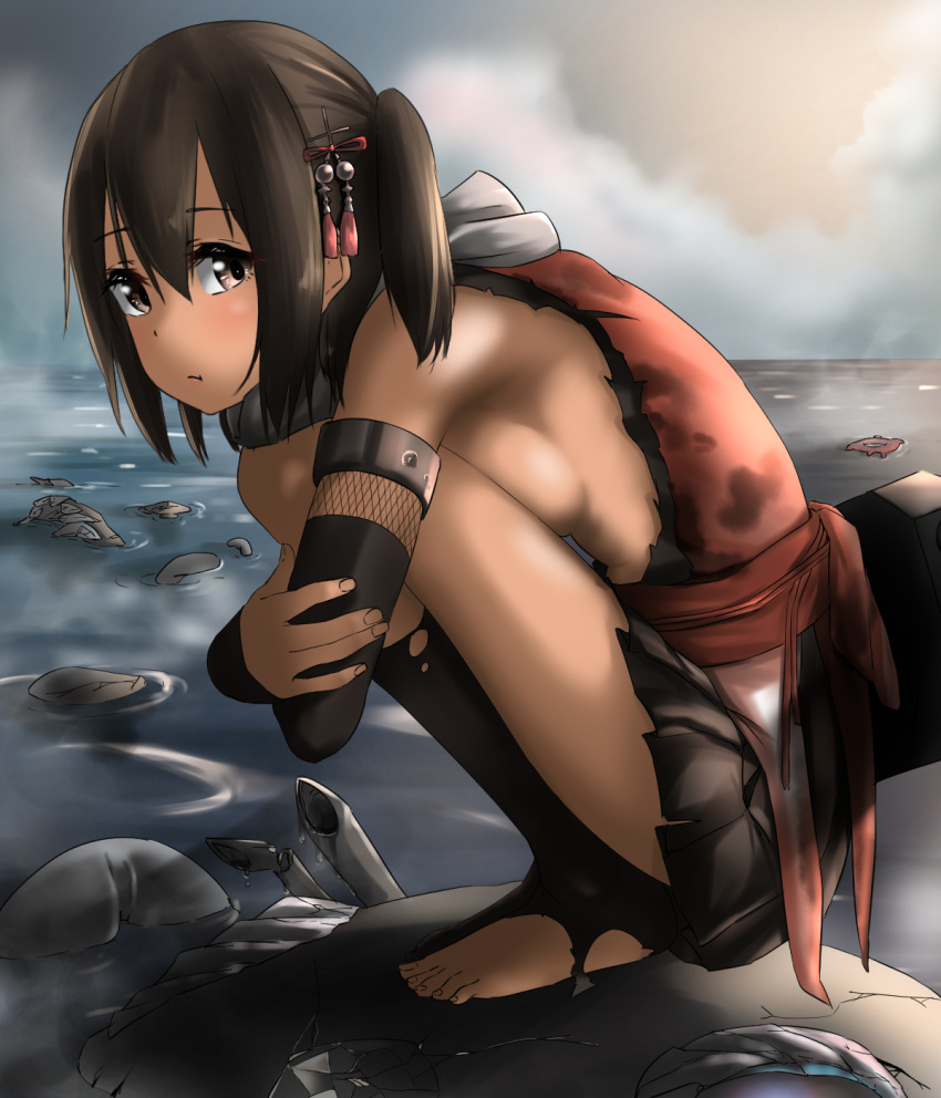 black_gloves black_skirt blush breasts brown_eyes brown_hair closed_mouth covering covering_breasts elbow_gloves enemy_lifebuoy_(kantai_collection) fingerless_gloves gloves hair_between_eyes hair_ornament highres kantai_collection ocean remodel_(kantai_collection) scarf school_uniform sendai_(kantai_collection) single_thighhigh skirt small_breasts squatting tama_(seiga46239239) thigh-highs torn_clothes white_scarf