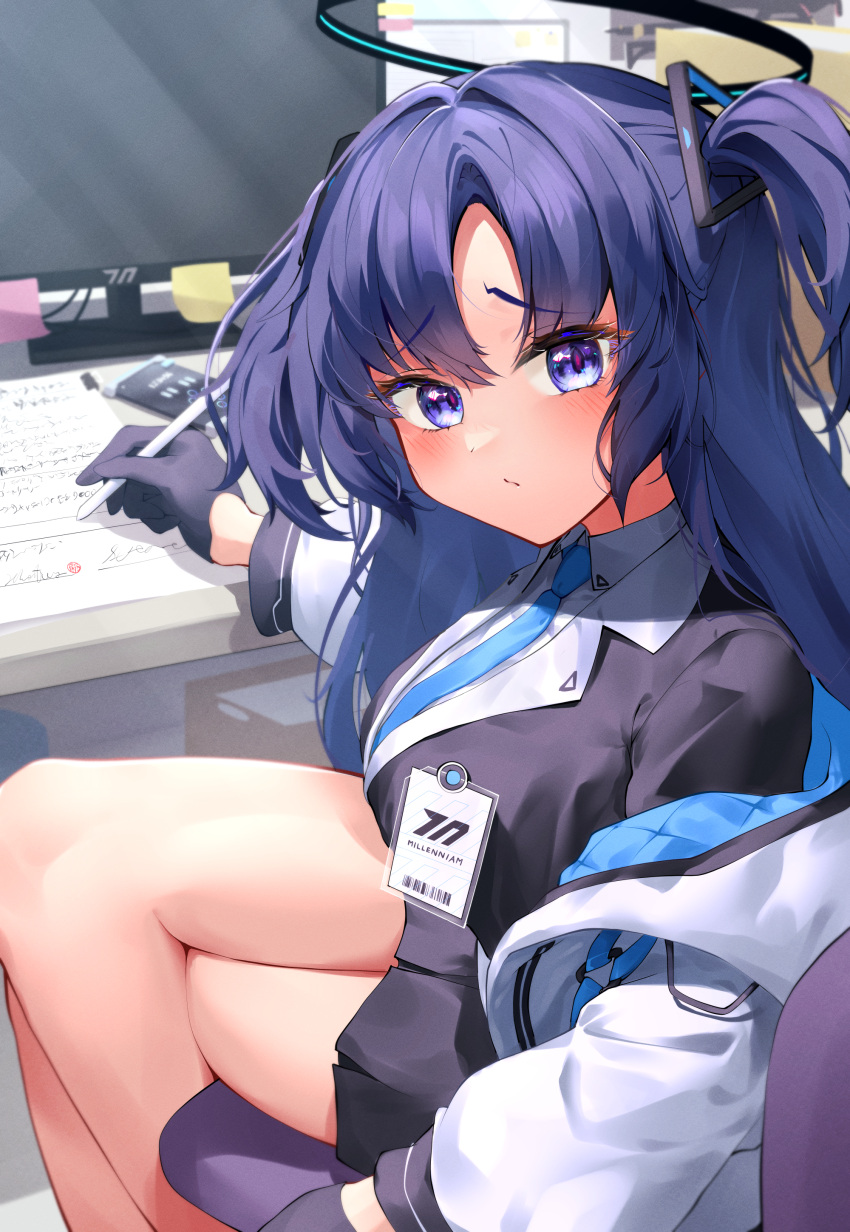 1girl absurdres blue_archive breasts chair commentary_request gloves hair_ornament halo highres id_card long_hair looking_at_viewer mechanical_halo mechanical_pencil medium_breasts monitor necktie pencil purple_hair school_uniform shumai_il sitting solo table thighs translation_request uniform violet_eyes yuuka_(blue_archive)