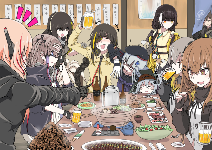 404_(girls_frontline) 6+girls absurdres alcohol anger_vein anti-rain_(girls_frontline) arm_up armband bangs beer beer_mug beret black_coat black_gloves black_hair black_neckwear blonde_hair blue_eyes blush blush_stickers bottle braid breasts brown_eyes brown_hair brown_shirt cardigan chopsticks closed_eyes clothes_around_waist coat cup dress drinking drooling drunk eyebrows_visible_through_hair eyepatch fingerless_gloves flying_sweatdrops food g11_(girls_frontline) girls_frontline gloves green_eyes green_hair grey_hair hair_between_eyes hair_ornament hand_on_forehead happy hat head_rest headgear headphones heterochromia highres hk416_(girls_frontline) holding holding_another's_arm holding_cup hood hooded_jacket hotpot huge_filesize jacket jacket_around_waist kamatama lanyard long_hair m16a1_(girls_frontline) m4_sopmod_ii_(girls_frontline) m4a1_(girls_frontline) medium_breasts mole mole_under_eye multicolored_hair multiple_girls neck_ribbon necktie one_side_up open_clothes open_jacket open_mouth orange_eyes pink_hair plate pointing red_eyes redhead ribbon ro635_(girls_frontline) scar scar_across_eye scarf shaded_face shirt shish_kebab sidelocks silver_hair sitting skirt skull_print sleeping small_breasts smile spill st_ar-15_(girls_frontline) streaked_hair table twintails ump40_(girls_frontline) ump45_(girls_frontline) ump9_(girls_frontline) undressing untucked_shirt white_hair yellow_eyes zzz