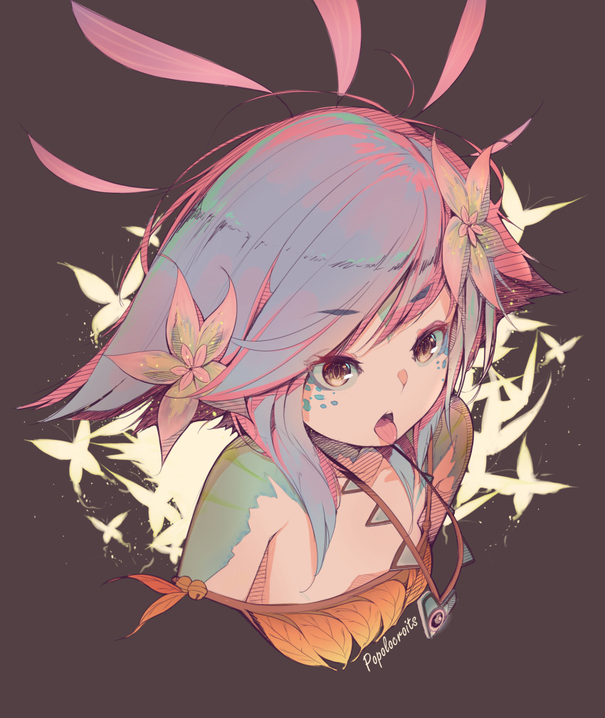 1girl :p artist_name bare_shoulders black_background blue_hair bug butterfly cropped_torso flower hair_flower hair_ornament highres insect leaf league_of_legends neeko_(league_of_legends) open_mouth popolocroits simple_background solo strap_slip tongue tongue_out yellow_eyes