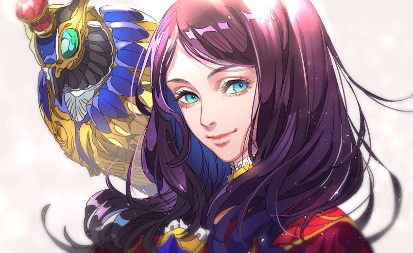 1girl animal animal_on_shoulder bangs bird_on_shoulder blue_eyes closed_mouth commentary_request eyelashes fate/grand_order fate_(series) grey_background leonardo_da_vinci_(fate/grand_order) long_hair looking_at_viewer parted_bangs portrait purple_hair robot simple_background smile solo tenobe