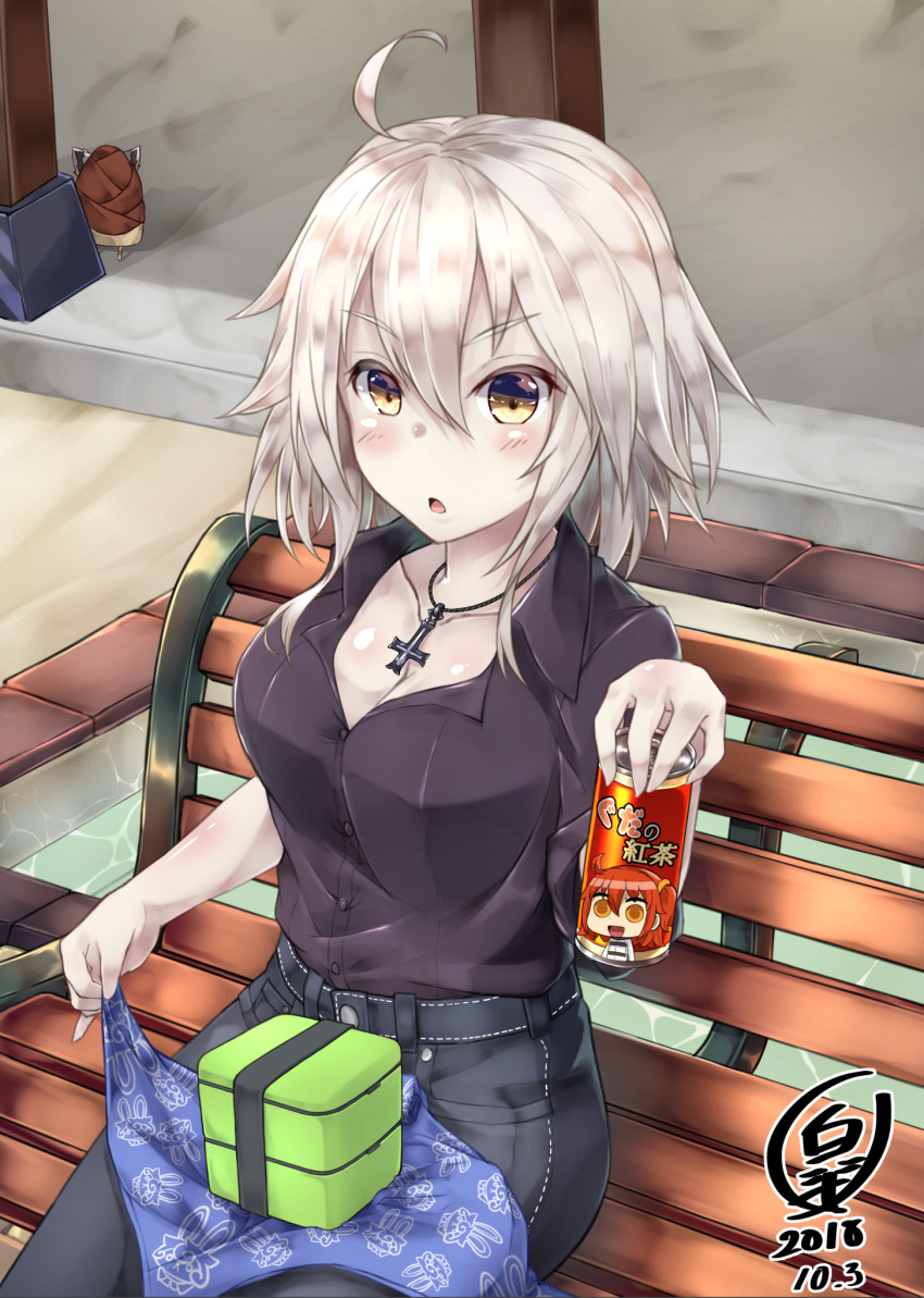 1girl ahoge alternate_costume bangs bench black_pants blush breasts buttons can casual caustics cleavage collarbone collared_shirt commentary_request cross cross_necklace dated day fate/grand_order fate_(series) fujimaru_ritsuka_(female) hair_between_eyes hand_up handkerchief highres holding holding_can jeanne_d'arc_(alter)_(fate) jeanne_d'arc_(fate)_(all) jewelry looking_at_viewer lunchbox medium_breasts necklace ourah_ikuzus outdoors pants park_bench parted_lips pillar purple_shirt shadow shirt shirt_tucked_in short_hair signature silver_hair sitting soda_can solo v-shaped_eyebrows yellow_eyes