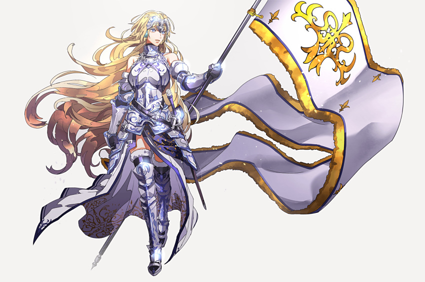 1girl armor armored_dress blonde_hair blue_eyes chains commentary_request fate/grand_order fate_(series) flag headpiece highres jeanne_d'arc_(fate) jeanne_d'arc_(fate)_(all) long_hair polearm solo tenobe very_long_hair weapon