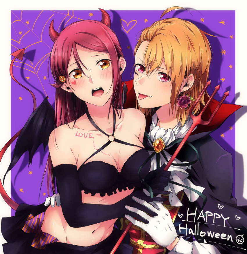2girls ahoge black_gloves blush breasts brown_hair cleavage collarbone demon_tail earrings fangs flower gloves groin hair_between_eyes hand_holding hand_on_another's_hip happy_halloween heart highres holding holding_weapon horns interlocked_fingers jewelry kougi_hiroshi long_hair looking_at_viewer love_live! love_live!_sunshine!! medium_breasts midriff multiple_girls navel open_mouth red_eyes red_flower red_rose red_tail redhead rose sakurauchi_riko short_hair slit_pupils stomach tail takami_chika tongue tongue_out vampire weapon white_gloves white_neckwear yellow_eyes