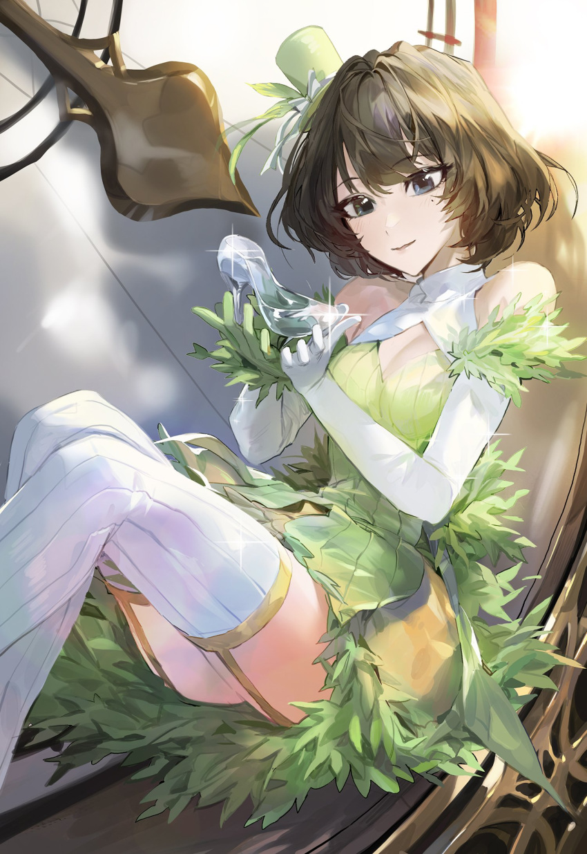 1girl blue_eyes breasts brown_hair cleavage cleavage_cutout clock elbow_gloves eyebrows_visible_through_hair garter_straps gloves green_eyes green_hat hat hat_ribbon heterochromia highres holding holding_shoes idolmaster idolmaster_cinderella_girls miniskirt mole mole_under_eye pumps ribbon shoes shoes_removed short_hair sitting skirt small_breasts solo takagaki_kaede team_cendrillon thigh-highs white_gloves white_legwear white_ribbon