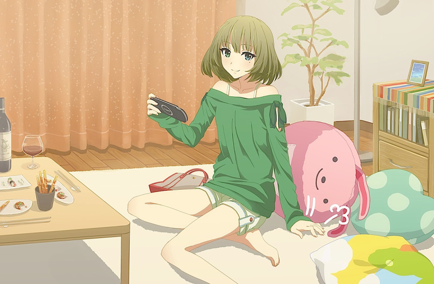 1girl bag barefoot blue_eyes book bottle brown_hair chopsticks closed_mouth collarbone commentary_request curtains cushion eyebrows_visible_through_hair food fume glass green_eyes green_shirt handbag handheld_game_console heterochromia holding idolmaster idolmaster_cinderella_girls indoors kosumone looking_at_viewer mole mole_under_eye off-shoulder_shirt on_floor plant plate playstation_portable potted_plant rug shirt short_hair shorts sitting sleeves_past_wrists smile solo stuffed_animal stuffed_bunny stuffed_toy table takagaki_kaede white_shorts wooden_floor